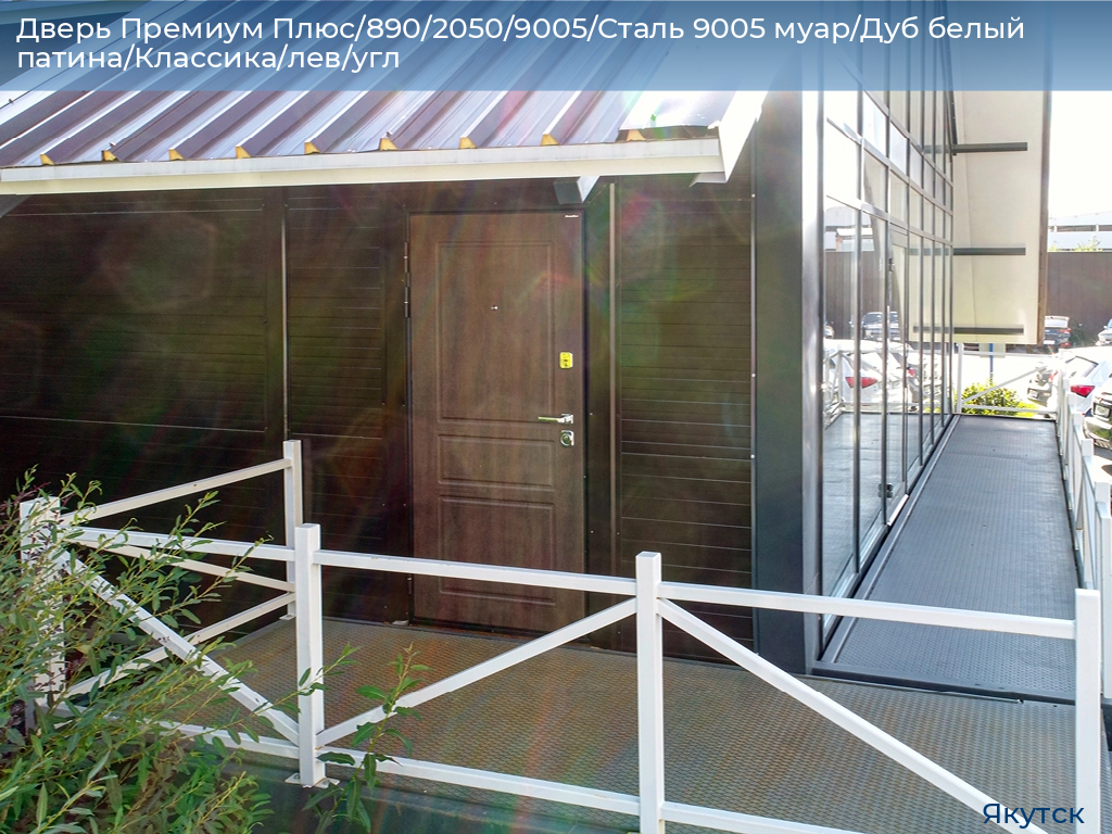 Дверь Премиум Плюс/890/2050/9005/Сталь 9005 муар/Дуб белый патина/Классика/лев/угл, yakutsk.doorhan.ru